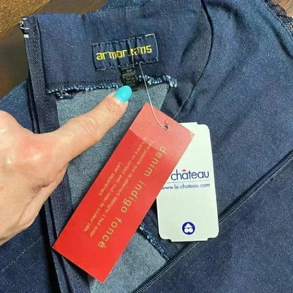 Le Chateau Denim Slip Dress Bodycon Stretch Blue High Low Size Small NWT - Picture 11 of 15